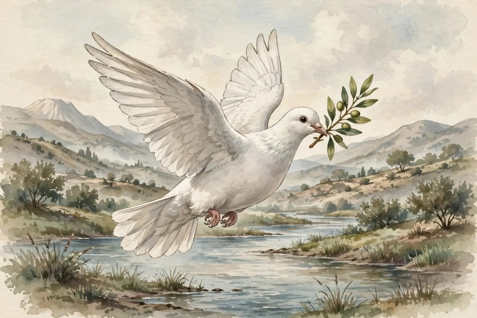White dove carrying an olive branch from the story of Noah