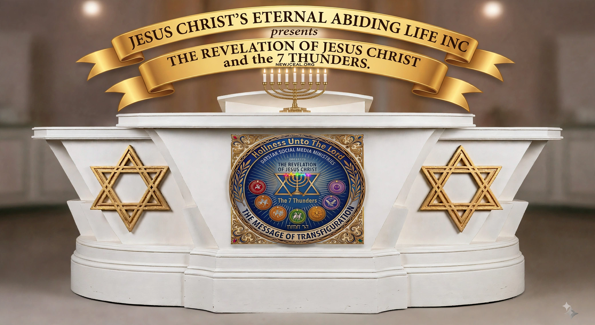 White ministry podium with the Daystar seal, the golden banner proclaiming Jesus Christ's Eternal Abiding Life Inc presents the Revelation of Jesus Christ and the 7 Thunders, and a golden menorah