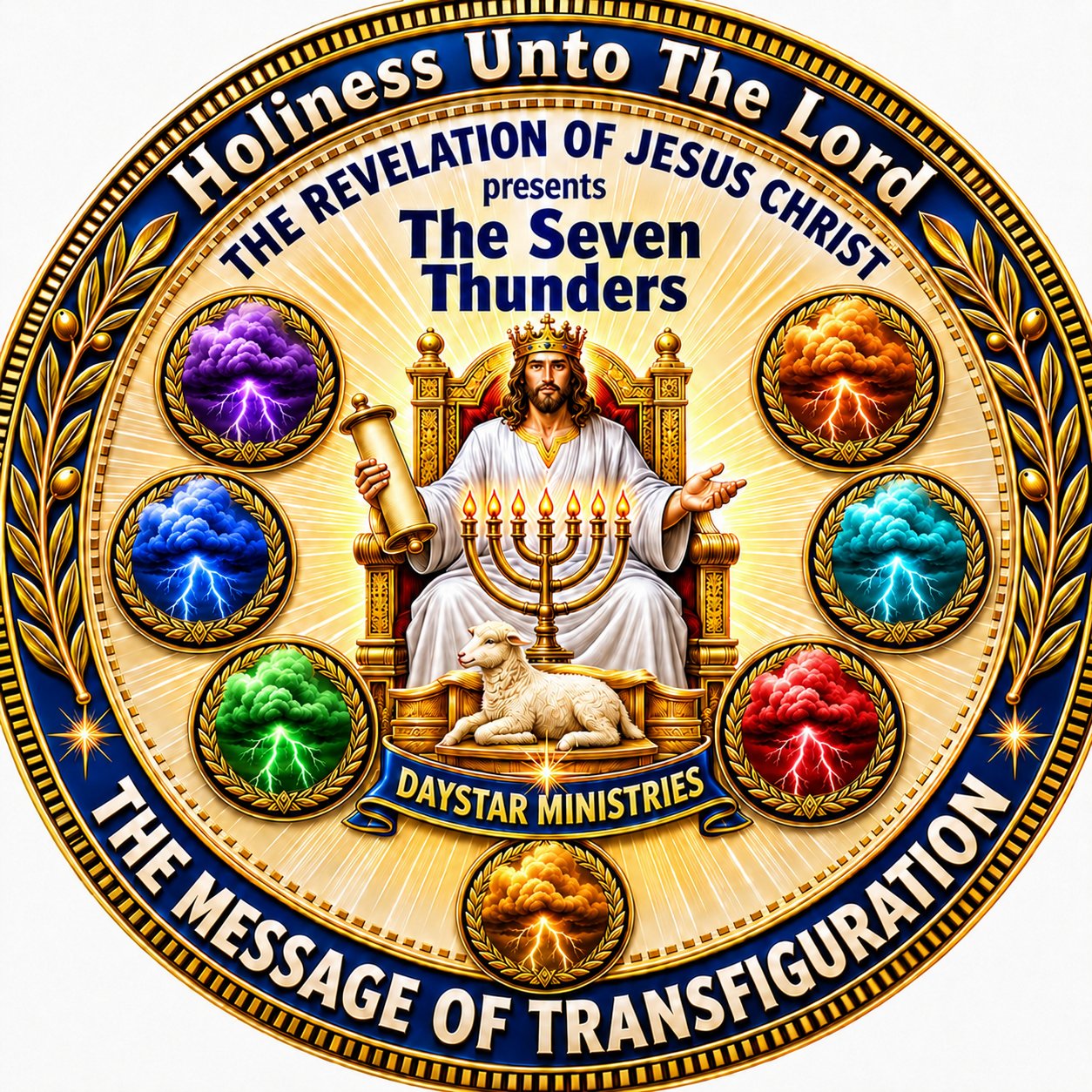 Daystar Ministries seal featuring Christ enthroned, the Lamb, seven lamps, and seven thunders